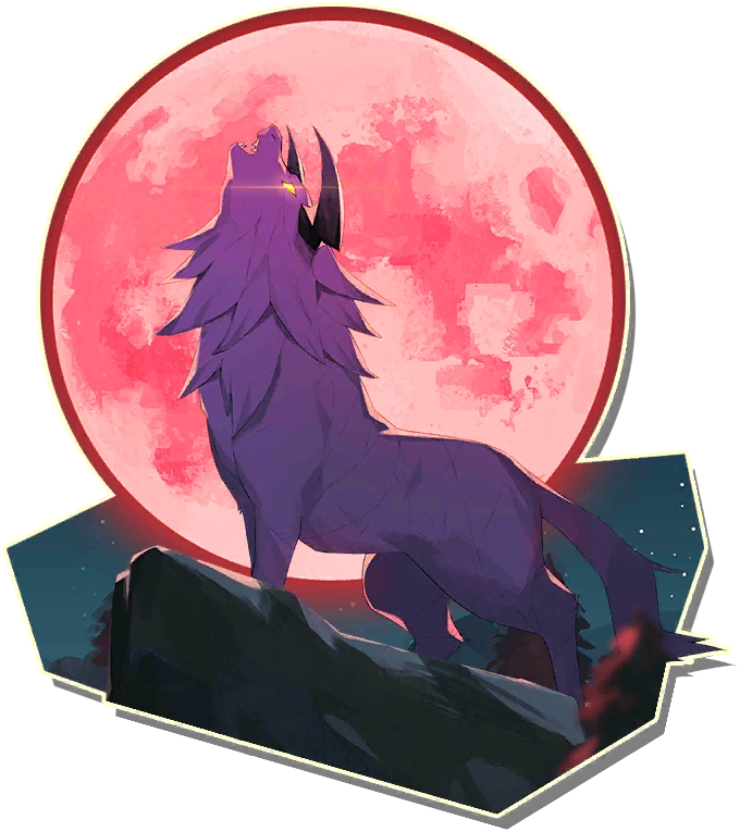 cabalos_(monster_farm), horns, howling, monster_farm, monster_farm_online, moon, official_art, purple_fur, red_moon, tiger_(monster_farm), wolf, yellow_eyes