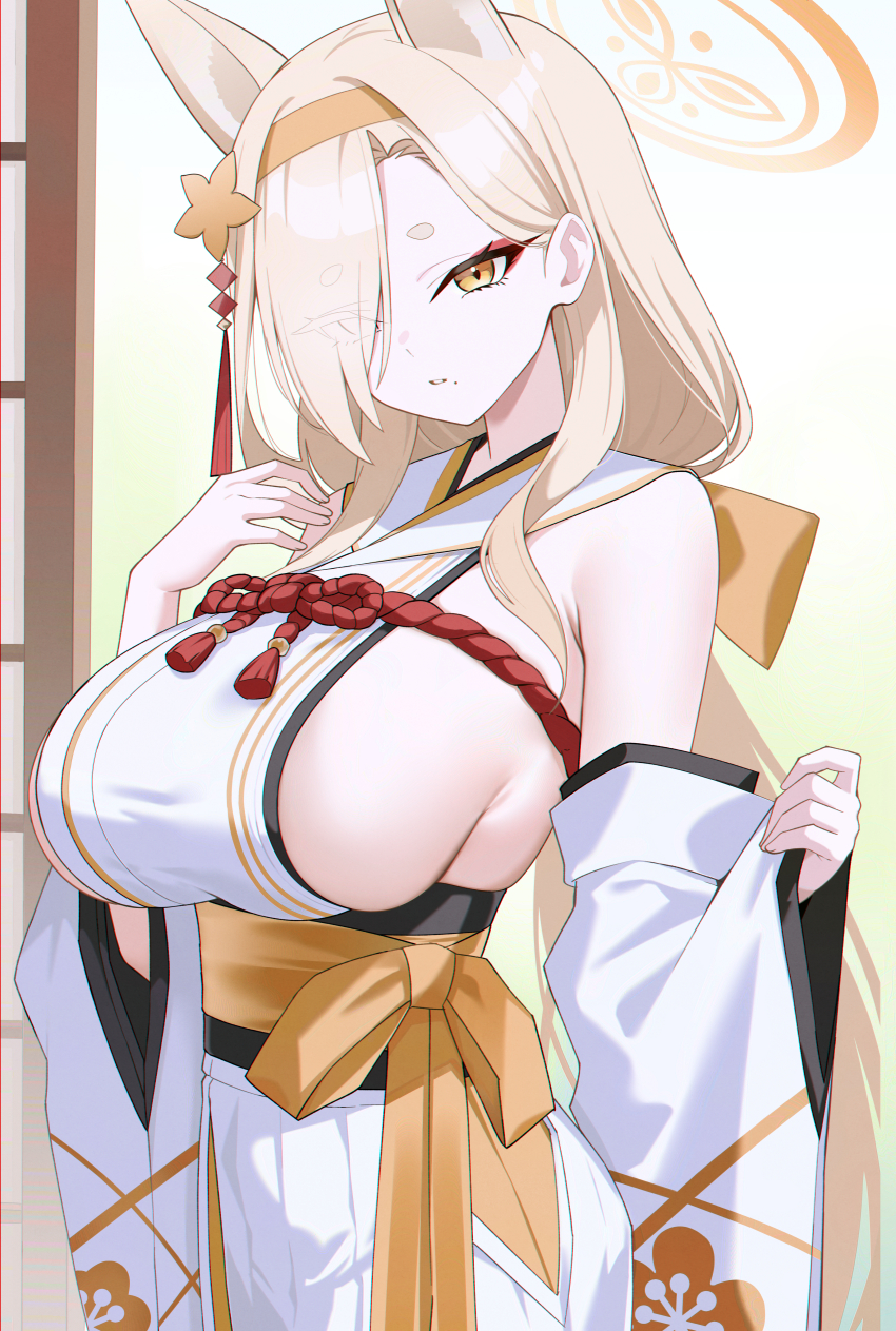 1girl, absurdres, animal_ears, bine_kun, blonde_hair, blue_archive, breasts, commentary