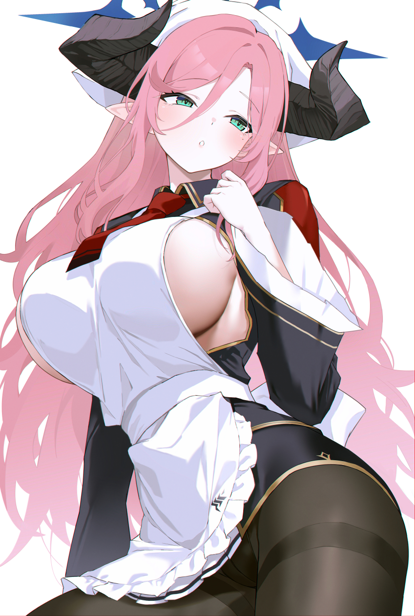 1girl, absurdres, apron, bine_kun, black_horns, black_pantyhose, blue_archive, breastless_clothes