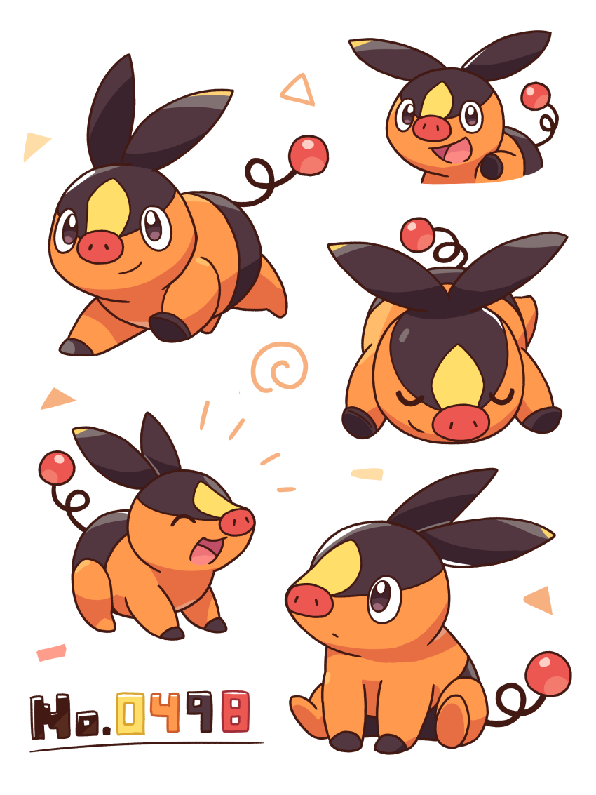 absurdres, animal_focus, closed_eyes, closed_mouth, gen_5_pokemon, highres, lying, neko_gyoza, nintendo, no_humans, on_stomach, open_mouth, pig, pokemon, pokemon_(creature), pokemon_focus, sitting, smile, tail, tepig