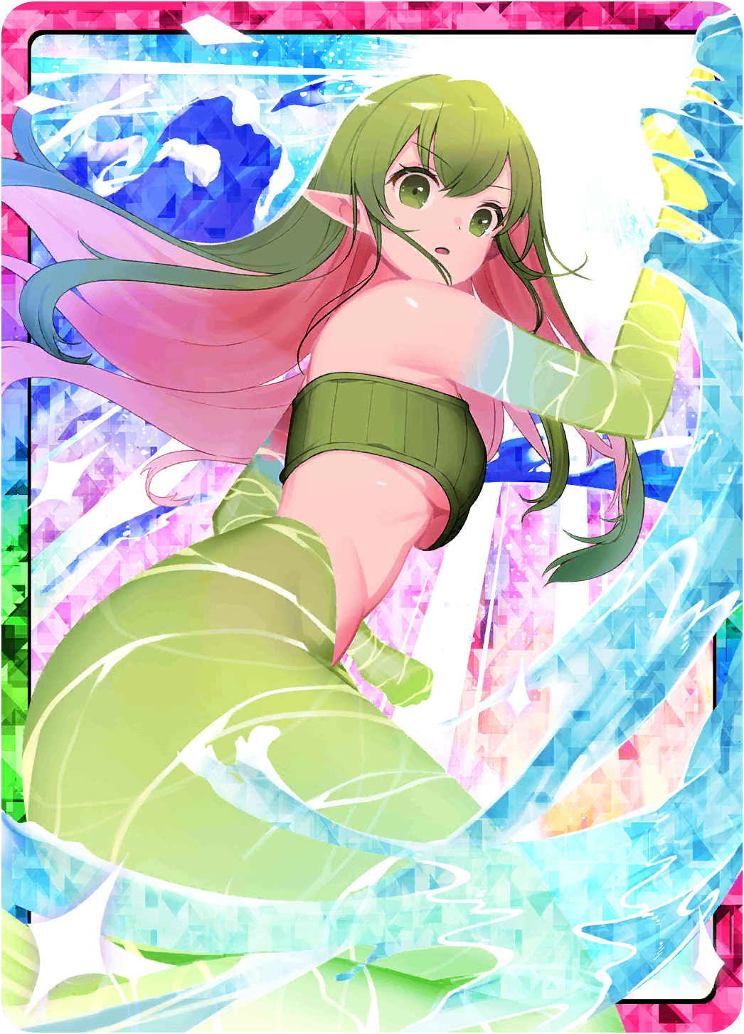 1girl, colored_skin, green_eyes, green_hair, highres, jewelry, looking_at_viewer, mermaid, monster_farm, monster_farm_online, monster_girl, multicolored_hair, necklace, official_art, pink_skin, pointy_ears, sports_bra, surprised, undine_(monster_farm), yaobikini_(monster_farm)