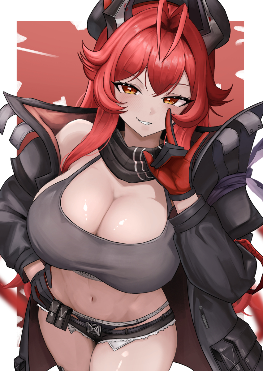 1girl, \n/, absurdres, ahoge, antenna_hair, black_coat, black_shorts, border