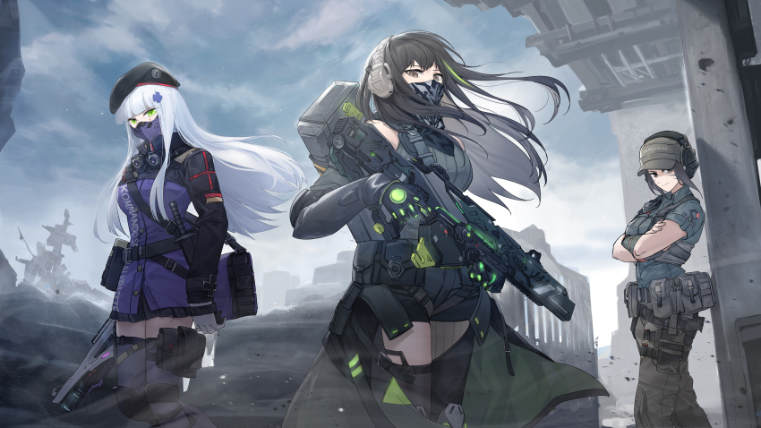 3girls, absurdres, ammunition_pouch, assault_rifle, bandana, bandana_over_mouth, baseball_cap, beret