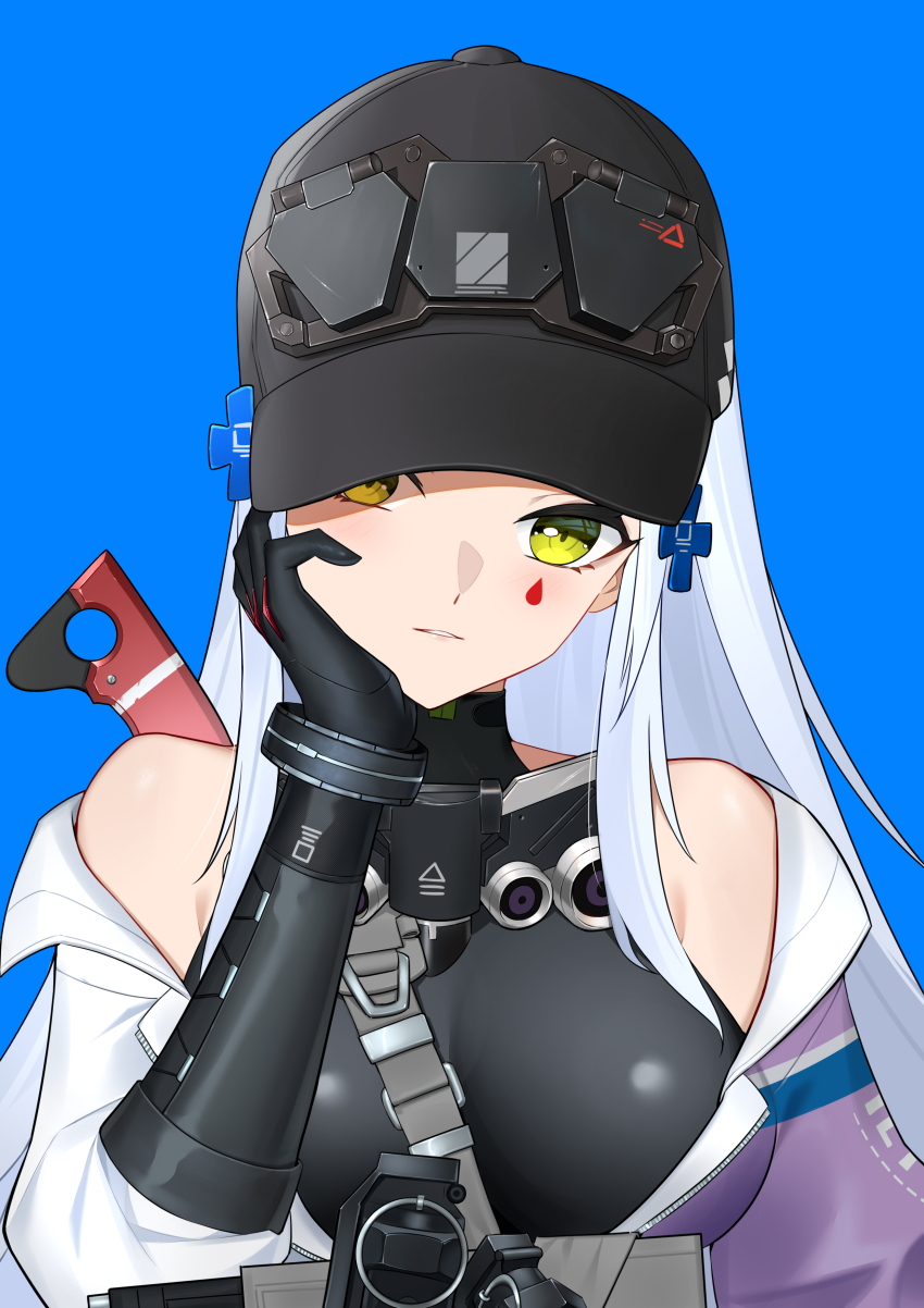 1girl, absurdres, arm_support, baseball_cap, black_hat, blue_background, breasts, chinese_commentary