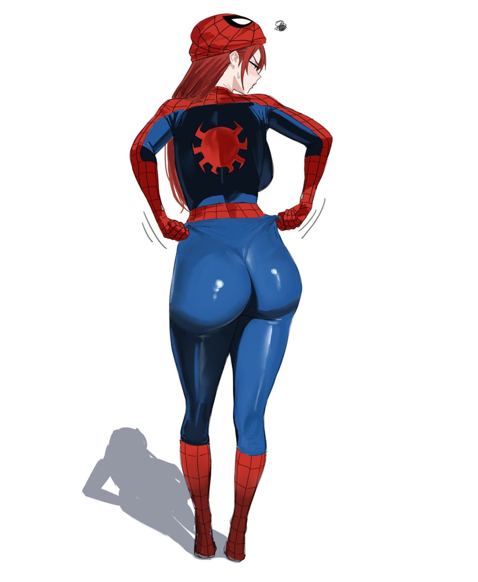 1girl, ass, ass_focus, blush, bodysuit, green_eyes, highres, huge_ass, long_hair, looking_to_the_side, marvel, mary_jane_watson, mask, mask_on_head, mugi_(mugit49), pants, pulling_own_clothes, red_hair, shadow, skin_tight, spider-man, spider-man_(original_suit), spider-man_(series), spider-man_logo, superhero_costume, tight_clothes, tight_pants, wedgie, white_background
