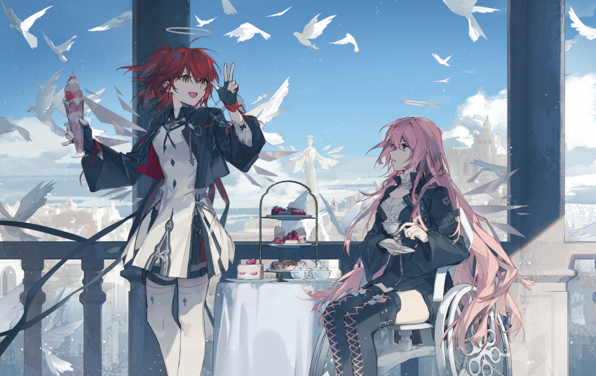 2girls, adoptive_siblings, animal-themed_food, arknights, bird, black_boots, black_dress, black_gloves