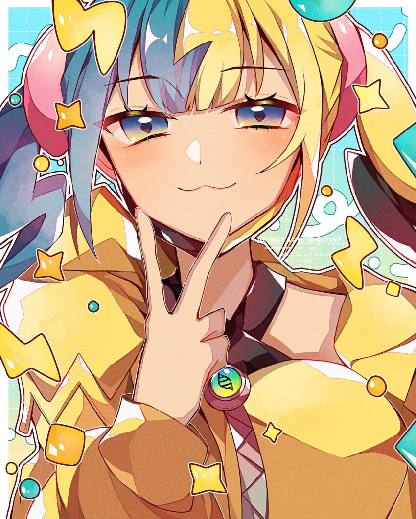 1girl, :3, blonde_hair, blue_eyes, blue_hair, canari_(pokemon), eyelashes, highres