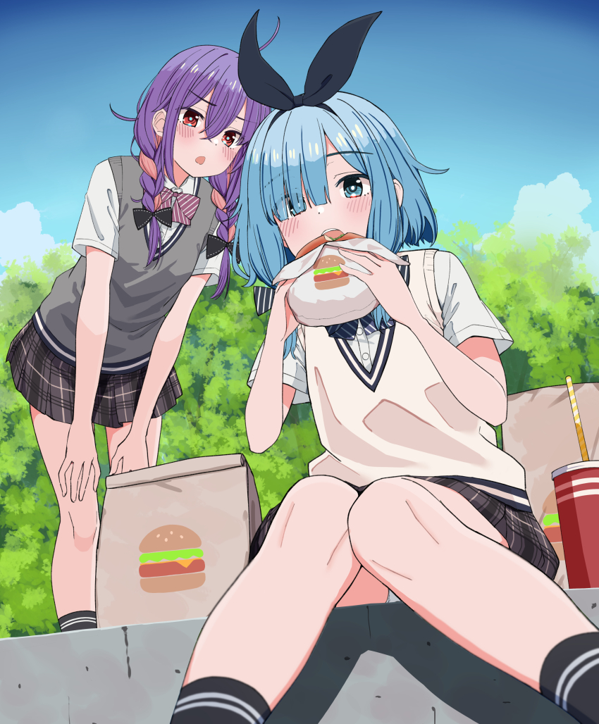 2girls, absurdres, aqua_eyes, bag, black_bow, black_hairband, black_skirt, black_socks