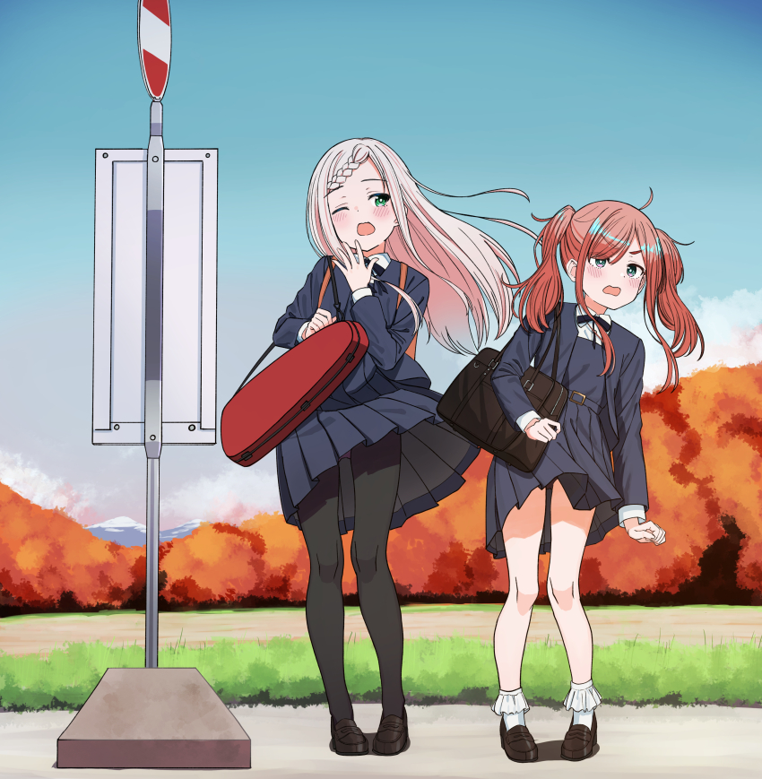 2girls, absurdres, ahoge, aqua_eyes, arms_at_sides, autumn, autumn_leaves, bag, belt, belt_buckle, black_bow, black_bowtie, black_pantyhose, black_shoes, blue_belt, blue_dress, blue_jacket, blue_sky, blush, bow, bowtie, braid, braided_bangs, bright_pupils, buckle, bus_stop, clothes_lift, commentary_request, day, dress, dress_lift, floating_hair, forehead, frilled_socks, frills, green_eyes, hand_up, highres, jacket, leaf, loafers, long_hair, long_sleeves, michimori_karen_(urushiushiru), multiple_girls, one_eye_closed, open_clothes, open_jacket, open_mouth, orange_hair, original, otoo_kanade_(urushiushiru), outdoors, panties, panties_under_pantyhose, panty_peek, pantyhose, pantyshot, parted_bangs, pigeon-toed, pinafore_dress, pink_hair, pleated_dress, school_bag, school_uniform, shoes, shoulder_bag, sky, sleeveless, sleeveless_dress, socks, standing, straight_hair, twintails, underwear, urushiushiru, v-shaped_eyebrows, wavy_mouth, white_pupils, white_socks, wind, wind_lift, winter_uniform, yawning