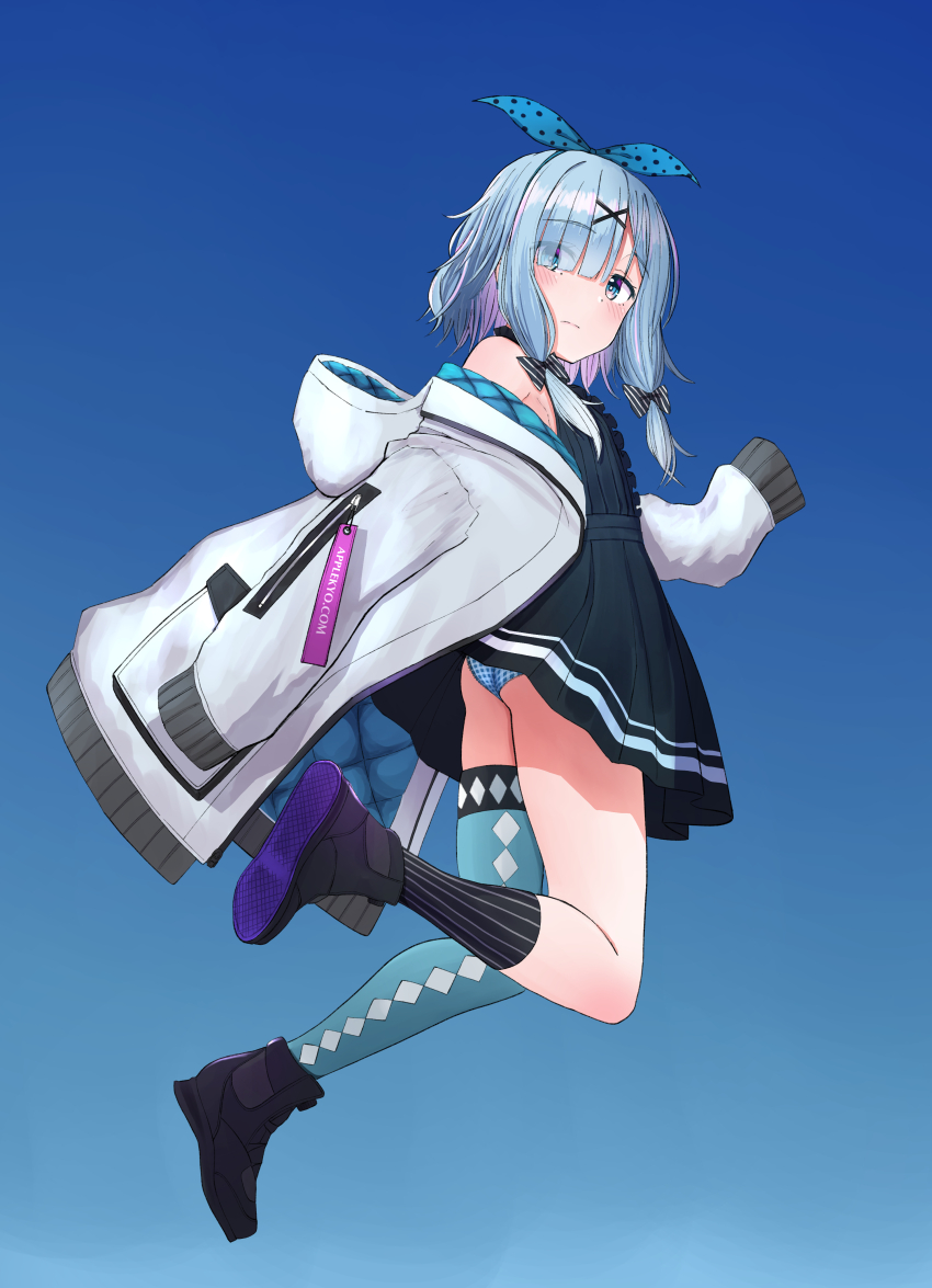 1girl, absurdres, aqua_thighhighs, ass_peek, asymmetrical_legwear, black_bow, black_dress, black_shoes