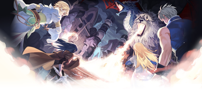 2boys, 2girls, architecture, arm_wrap, armlet, artist_request, bare_arms, bare_shoulders