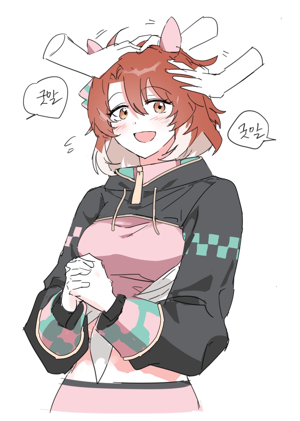 1girl, ahoge, animal_ears, black_shrug, blush, bow, breasts, brown_eyes, brown_hair, checkered_ribbon, dantsu_flame_(center_spotlight)_(umamusume), dantsu_flame_(umamusume), ear_covers, ear_ornament, ear_ribbon, hair_between_eyes, hairband, highres, horse_ears, horse_girl, large_breasts, looking_at_viewer, midriff, multicolored_hair, occhahoi, open_mouth, pink_hairband, pink_shorts, shirt, shorts, shrug_(clothing), simple_background, smile, solo, ss0161765067092, tied_shirt, umamusume, umamusume:_beginning_of_a_new_era, white_hair