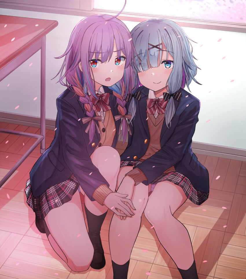 2girls, absurdres, ahoge, black_bow, black_shoes, black_socks, blazer, blue_hair