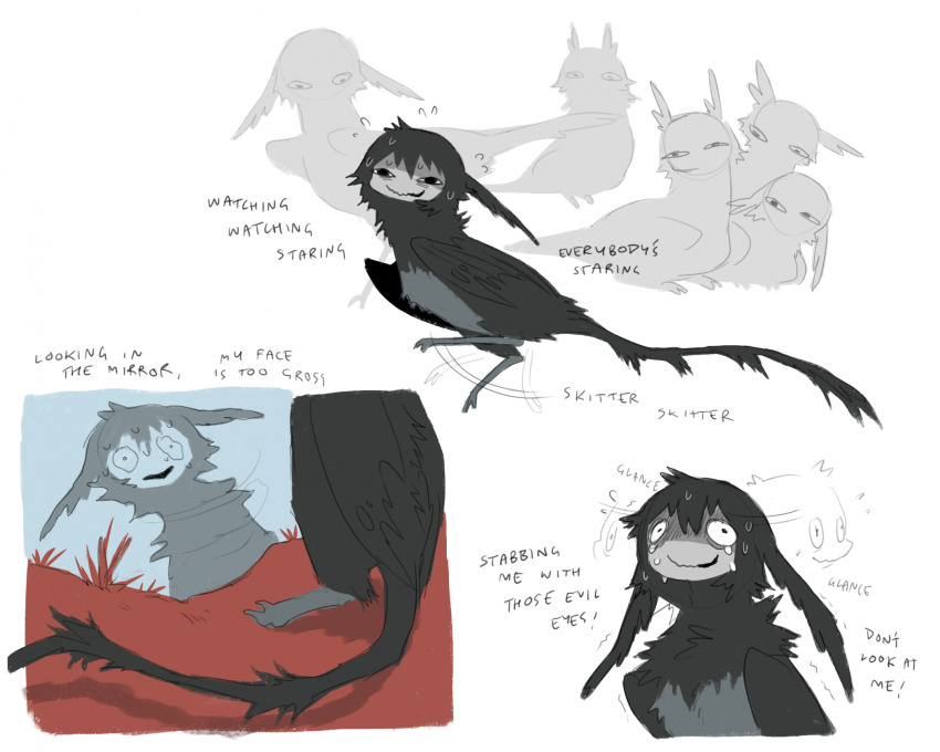 bird, bird_wings, black_feathers, black_tail, creature, crying, english_text, feathers, grass, grey_feathers, harpy, highres, human_head, jejejunum, lying, monster_girl, nerv, nervous_smile, nervous_sweating, nethermare, no_humans, on_stomach, open_mouth, original, red_grass, reflection, reflective_liquid, smile, solo_focus, sweat, tears, traditional_harpy, water, wings, wither_(jejejunum)