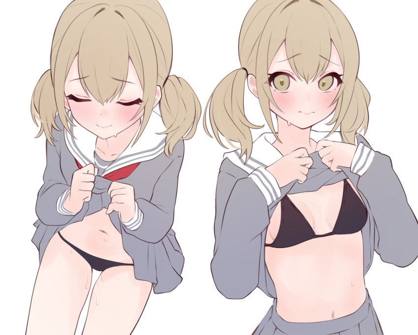1girl, absurdres, azusawa_kohane, black_bra, black_panties, blonde_hair, blush, bra