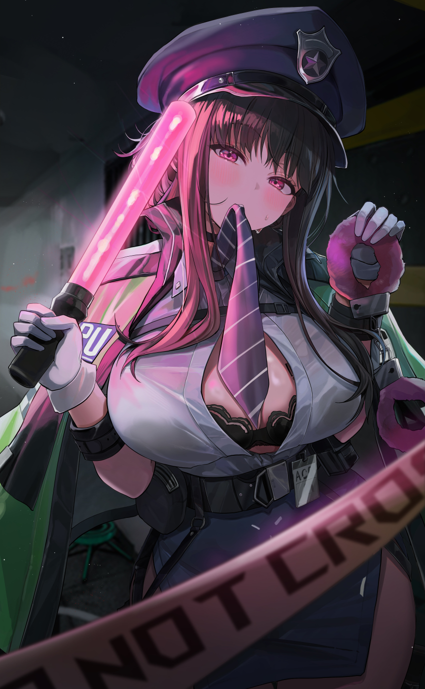1girl, absurdres, black_hair, blance, blue_hat, blue_skirt, blush, bra, bra_peek, breasts, caution_tape, commentary, d_(killer_wife)_(nikke), d_(killer_wife)_(secret_police)_(nikke), d_(nikke), gloves, goddess_of_victory:_nikke, hat, highres, holding_baton, holding_lightstick, large_breasts, long_hair, looking_at_viewer, miniskirt, mouth_hold, official_alternate_costume, police, police_hat, police_uniform, policewoman, red_eyes, shirt, skirt, solo, sweat, traffic_baton, underwear, white_gloves, white_shirt