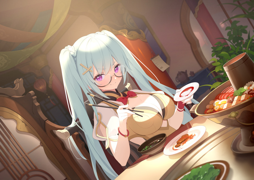 >:), 1girl, black-framed_eyewear, blue_hair, blush, breasts, chopsticks, cleavage