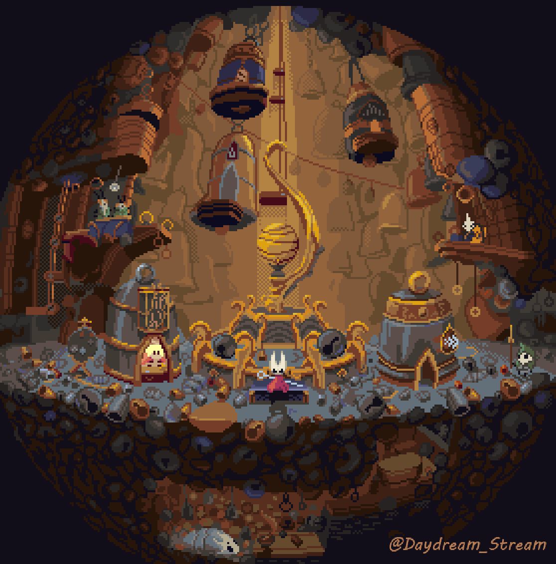 arthropod_girl, bell, bell_beast_(hollow_knight), black_eyes, black_skin, building, cloak, colored_skin