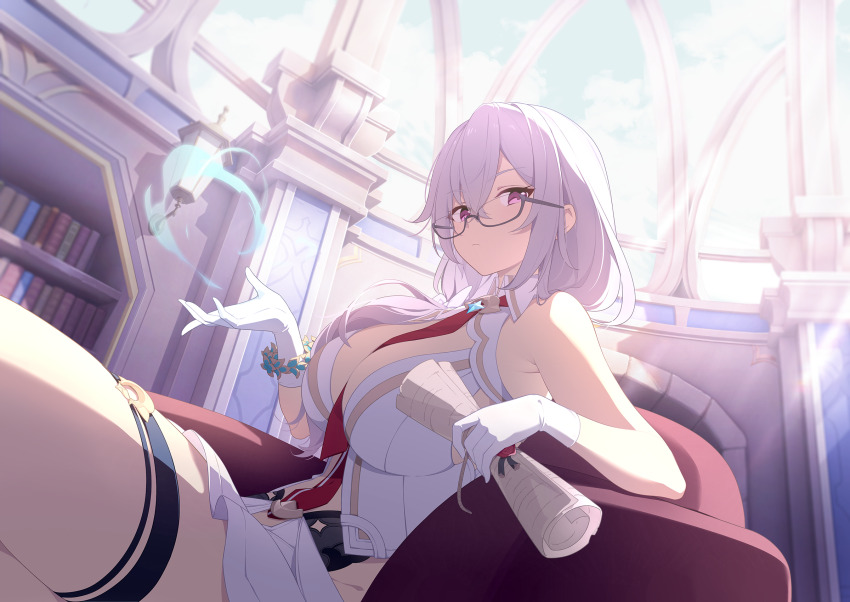 1girl, aerokinesis, armpit_crease, bare_shoulders, between_breasts, breasts, canace_(stella_sora), cleavage, closed_mouth, couch, expressionless, game_cg, glasses, gloves, grey-framed_eyewear, grey_hair, highres, holding, holding_scroll, large_breasts, looking_at_viewer, miniskirt, necktie, necktie_between_breasts, non-web_source, official_art, on_couch, purple_eyes, red_necktie, scroll, self-datamine, semi-rimless_eyewear, sitting, skirt, solo, stella_sora, under-rim_eyewear, white_gloves, white_skirt, wind