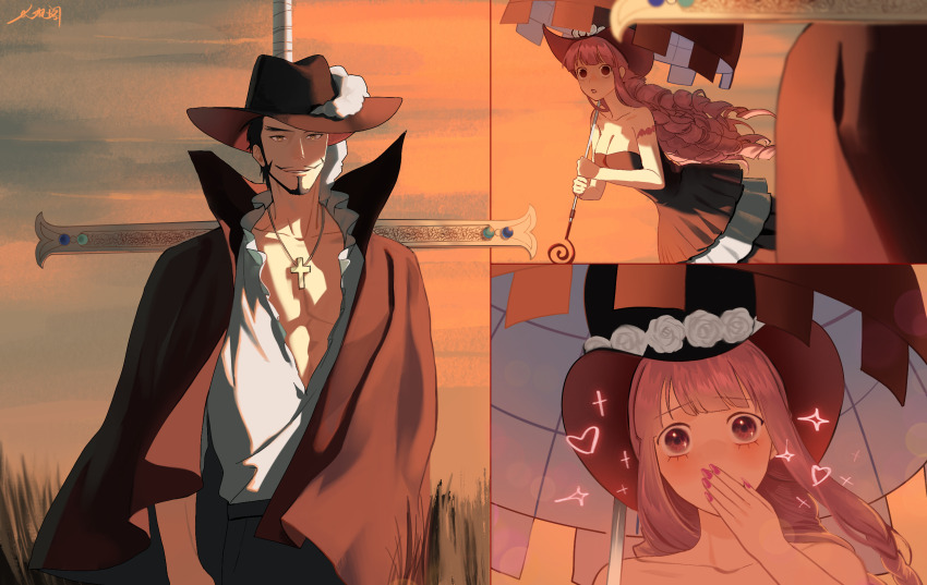 1boy, 1girl, black_dress, black_hat, braid, breasts, cleavage, collared_cape