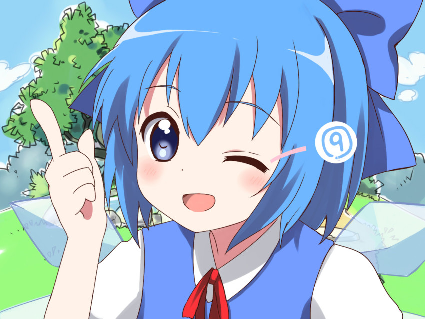 1girl, blue_eyes, blue_hair, bow, circled_9, cirno, day, female_focus