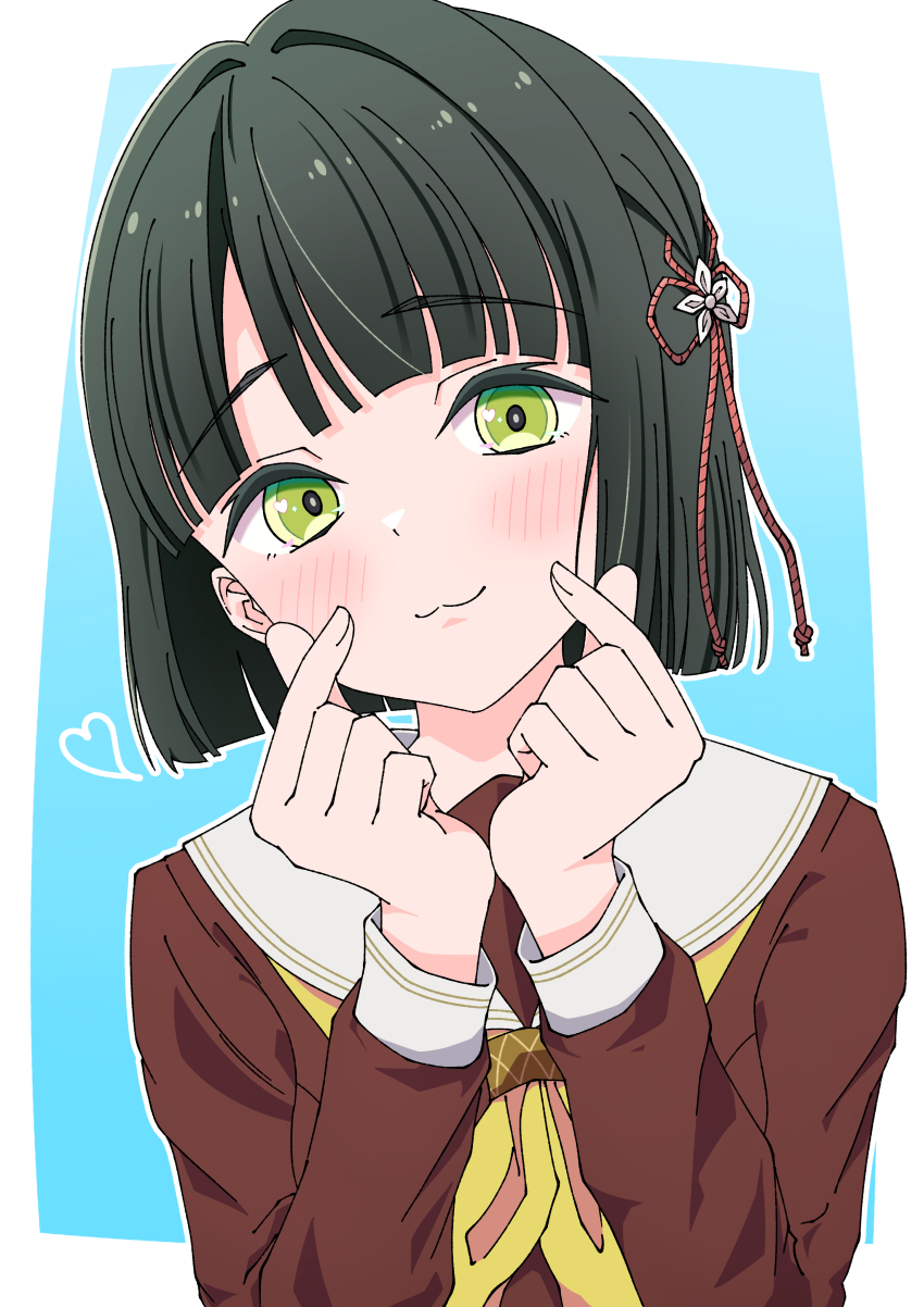 1girl, absurdres, black_hair, blue_background, blunt_bangs, blunt_ends, bob_cut, border