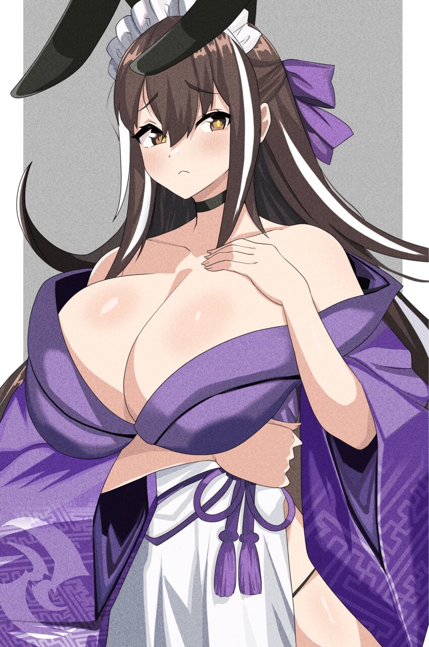 1girl, apron, bare_shoulders, black_hair, bow, breasts, brown_eyes, choker