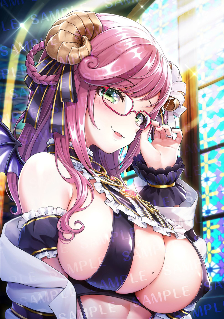 1girl, bandaged_horn, blush, breasts, broken_horn, cleavage, commentary_request, glasses, green_eyes, highres, horns, indie_virtual_youtuber, indoors, large_breasts, looking_at_viewer, mole, mole_on_breast, natsume_minori_(vtuber), pink_hair, red-framed_eyewear, sample_watermark, sheep_girl, sheep_horns, solo, upper_body, v-mag, virtual_youtuber, watermark