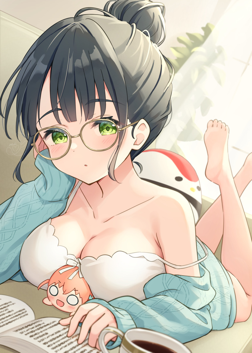 1girl, absurdres, alternate_costume, arm_support, armpit_crease, bare_shoulders, barefoot, between_breasts