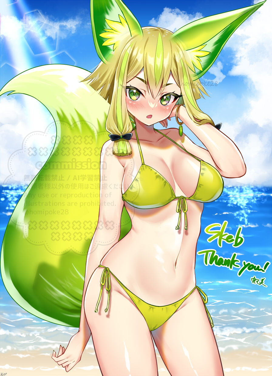 alternate_costume, animal_ear_fluff, animal_ears, bikini, blonde_hair, blush, bow, bracelet