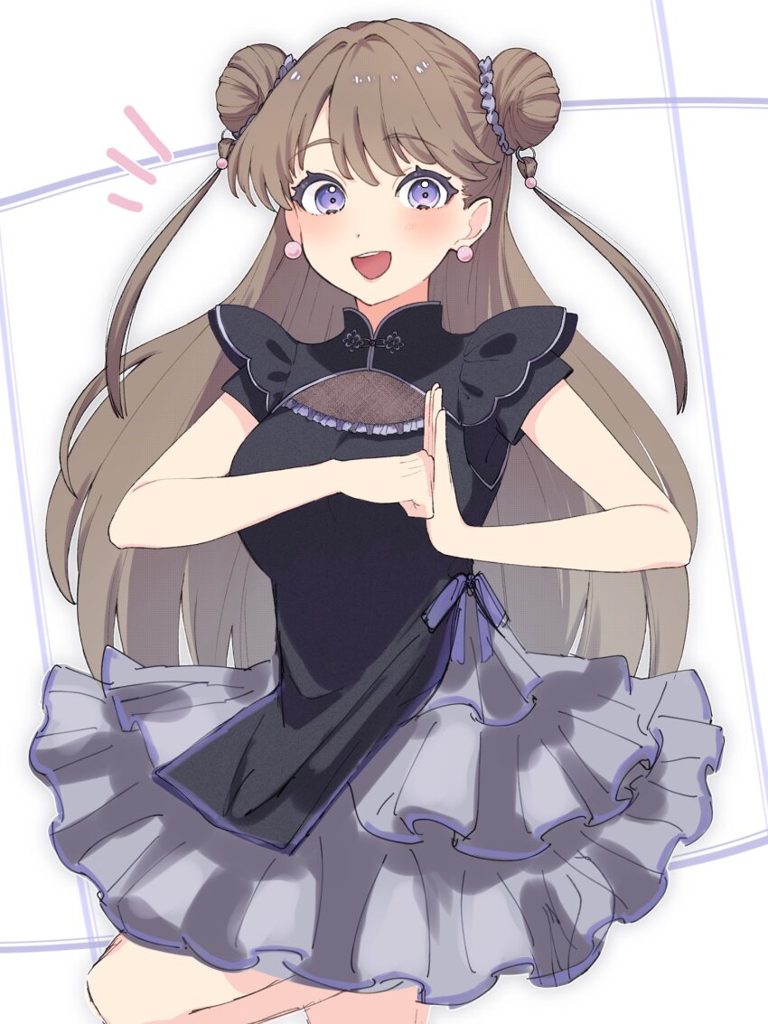 1girl, above-cleavage_cutout, alternate_costume, black_shirt, breasts, chinese_clothes, clothing_cutout, commentary_request, cowboy_shot, double_bun, frilled_skirt, frills, fujishima_megumi, grey_skirt, hair_bun, hair_extensions, hasu_no_sora_pop_up_shop_china_collection, highres, large_breasts, leg_up, link!_like!_love_live!, long_hair, looking_at_viewer, love_live!, miniskirt, naru_(ippan_people1), palm-fist_greeting, ring_hair_extensions, shirt, short_sleeves, skirt, solo, virtual_youtuber