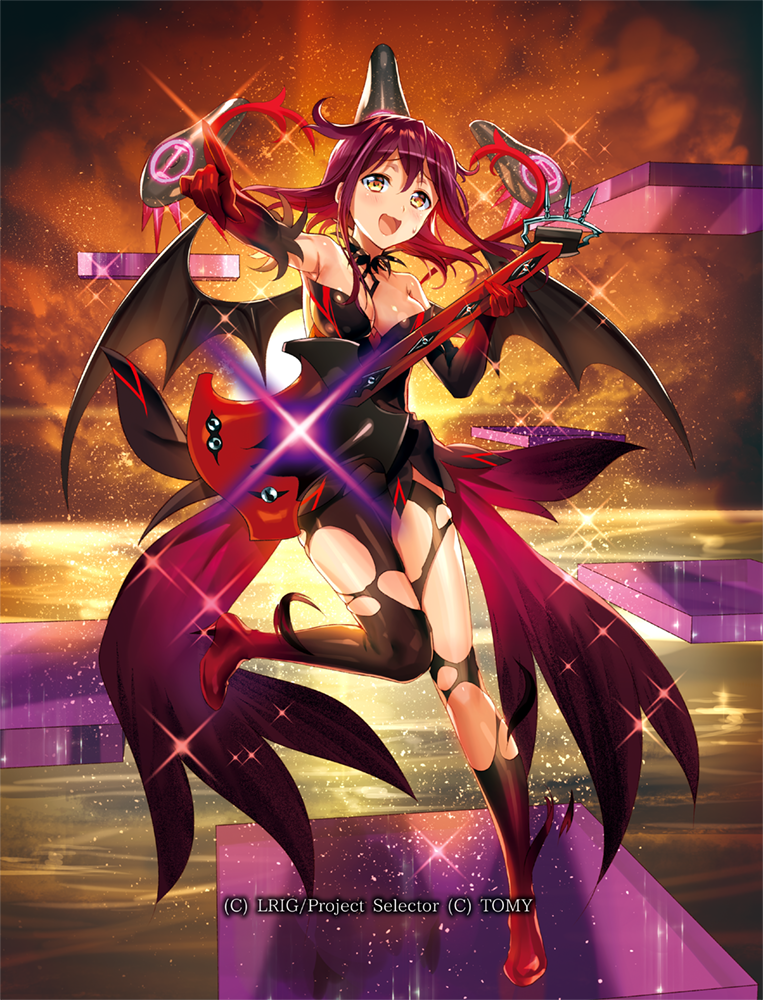 1girl, bare_shoulders, black_dress, black_wings, breasts, brown_hair, cleavage, copyright_notice