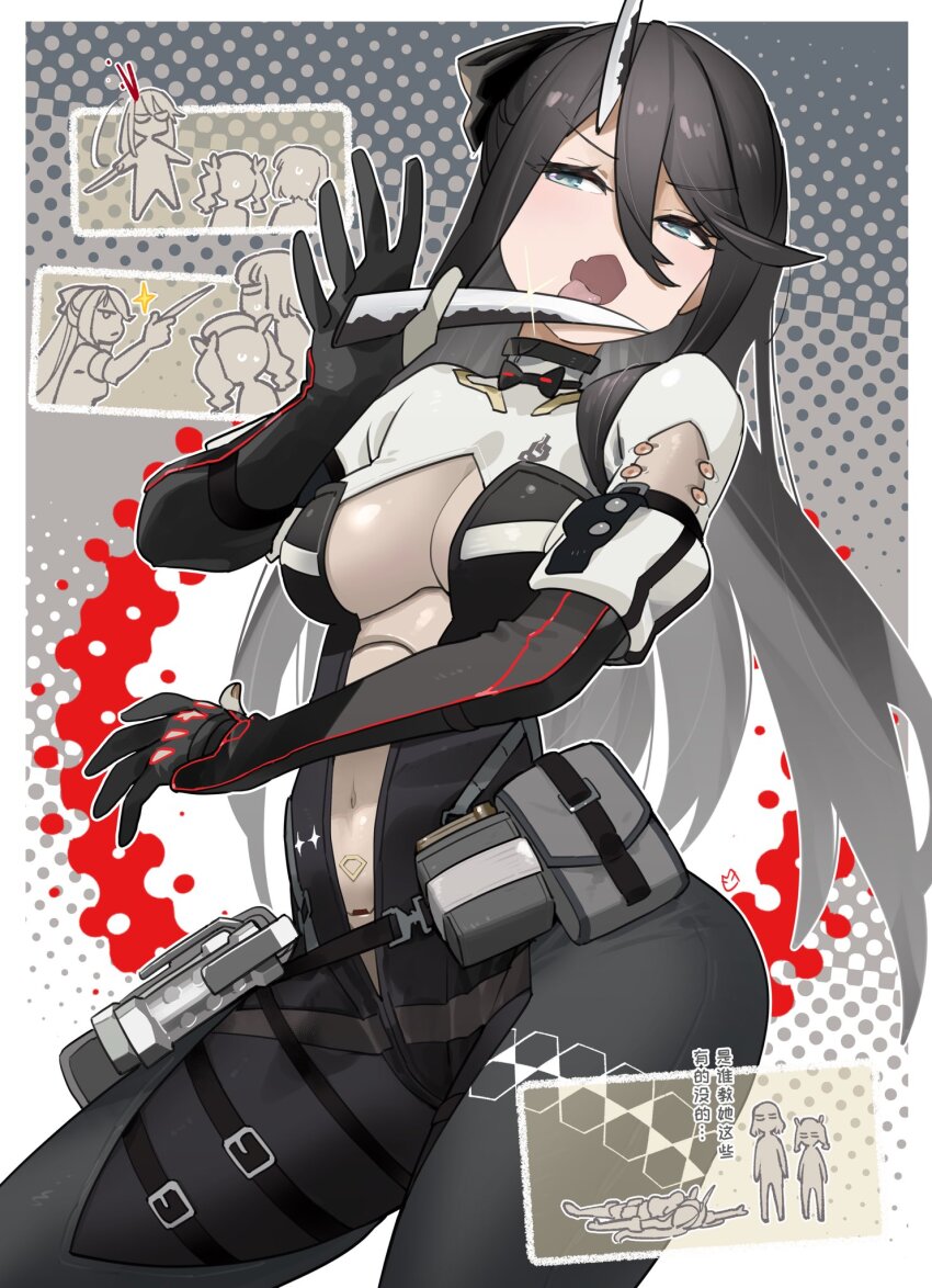 3girls, black_hair, blade_horns, blood, breasts, chinese_text, cleavage, colphne_(girls'_frontline_2), commentary, fang, female_commander_(girls'_frontline), stun_grenade, girls'_frontline, girls'_frontline_2:_exilium, highres, holding_blade, horns, licking, licking_blade, licking_weapon, long_hair, miharu_(cgsky), multiple_girls, navel, open_mouth, phaetusa_(girls'_frontline_2), pouch, single_horn, skin_fang, untranslatable_commentary, tongue, translation_request, weapon, yuusha_yoshihiko_to_maou_no_shiro