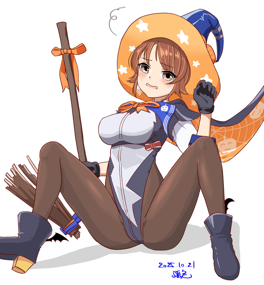 1girl, akakin2012, black_cape, black_gloves, black_pantyhose, blue_hat, blue_leotard, blush