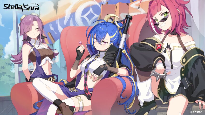 3girls, ^_^, absurdres, arms_behind_back, ashwind_clan_(stella_sora), bandeau, bare_shoulders, baseball_bat, black_gloves, black_jacket, black_shorts, blonde_hair, blue_hair, blue_necktie, breasts, brown_bandeau, chair, closed_eyes, closed_mouth, commentary, couch, crop_top, english_commentary, feet_on_chair, figure_four_sitting, fingerless_gloves, gloves, gradient_necktie, green_eyes, grin, half-skirt, highres, jacket, long_skirt, long_sleeves, medium_breasts, medium_hair, minova_(stella_sora), multicolored_hair, multiple_girls, navel, necktie, neuvira_(stella_sora), off-shoulder_shirt, off_shoulder, official_art, on_couch, open_clothes, open_jacket, outdoors, puffy_long_sleeves, puffy_sleeves, purple_eyes, purple_hair, purple_skirt, red_hair, red_necktie, shirt, shorts, sitting, skirt, smile, stella_sora, stomach, streaked_hair, sunglasses, tied_shirt, vollara_(stella_sora), white_shirt