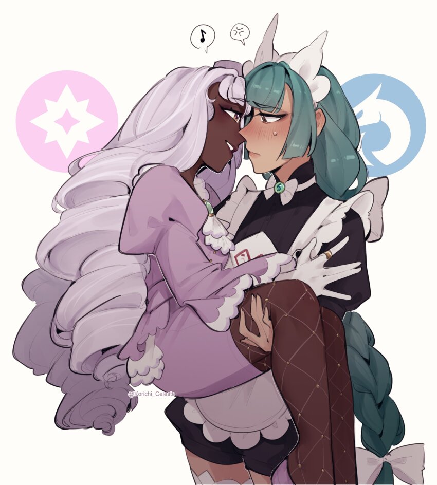 2girls, absurdres, anger_vein, apron, ascot, black_dress, blush, bow