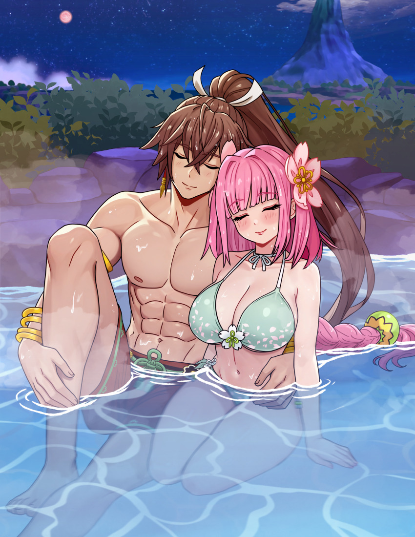 1boy, 1girl, abs, absurdres, alternate_costume, breasts, brown_hair, closed_eyes, closed_mouth, commission, commissioner_upload, couple, hetero, high_ponytail, highres, large_breasts, leaning_on_person, night, onsen, pectorals, pink_hair, ponytail, rein_creamsoda, rune_factory, rune_factory:_guardians_of_azuma, sky, subaru_(rune_factory), ulalaka, volcano