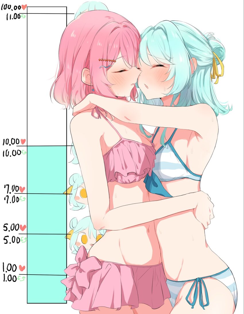 2girls, amaori_renako, arms_around_neck, bare_arms, bikini, blue_bikini, blue_hair, blush