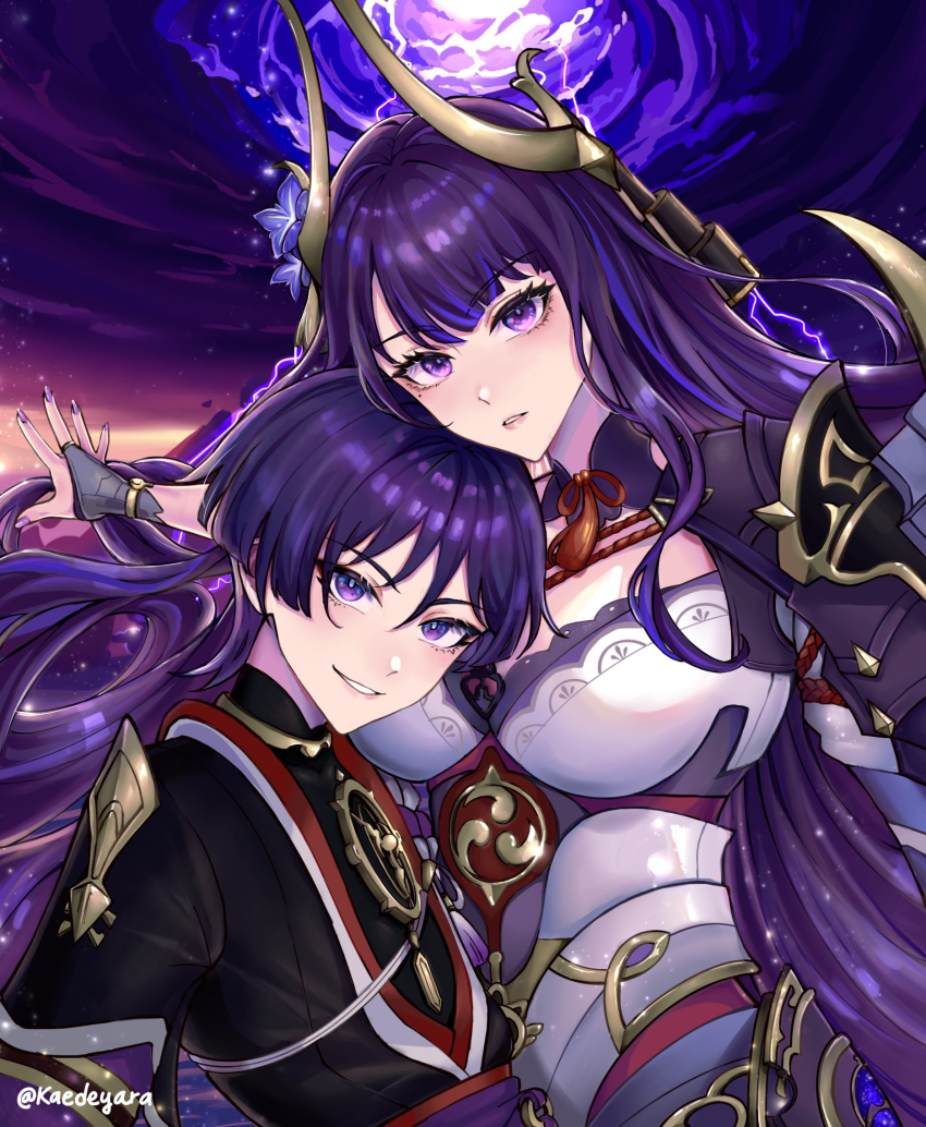 1boy, 1girl, armor, artist_name, breasts, cloud, cloudy_sky, commentary