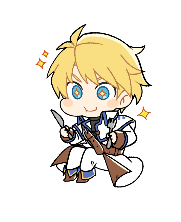 1boy, antenna_hair, artist_request, bad_source, belt, blonde_hair, blue_eyes, blush_stickers