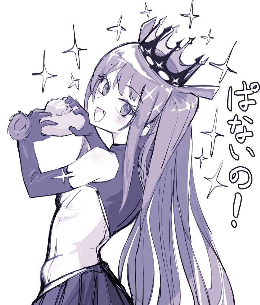 1girl, crown, elbow_gloves, fang, gloves, head_tilt, highres, long_hair