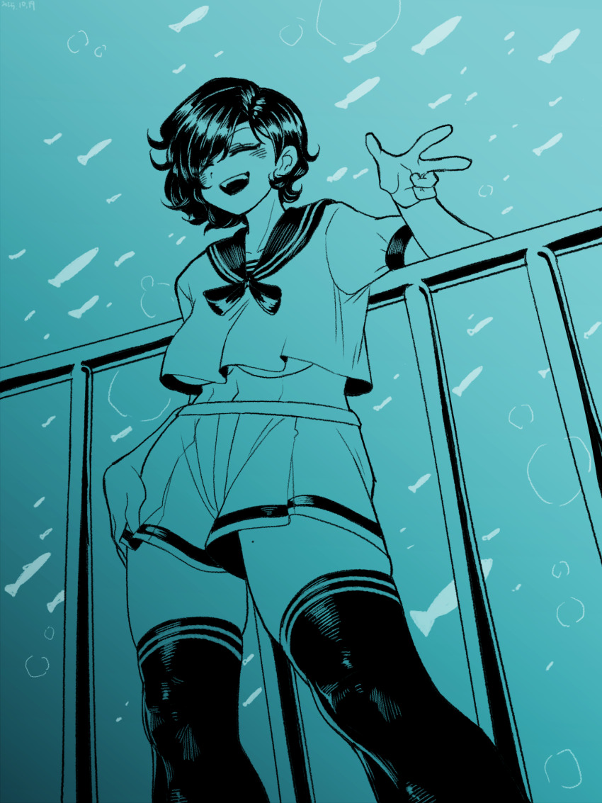 1girl, aqua_theme, arm_rest, black_hair, blue_theme, breasts, bubble, bulletcamera