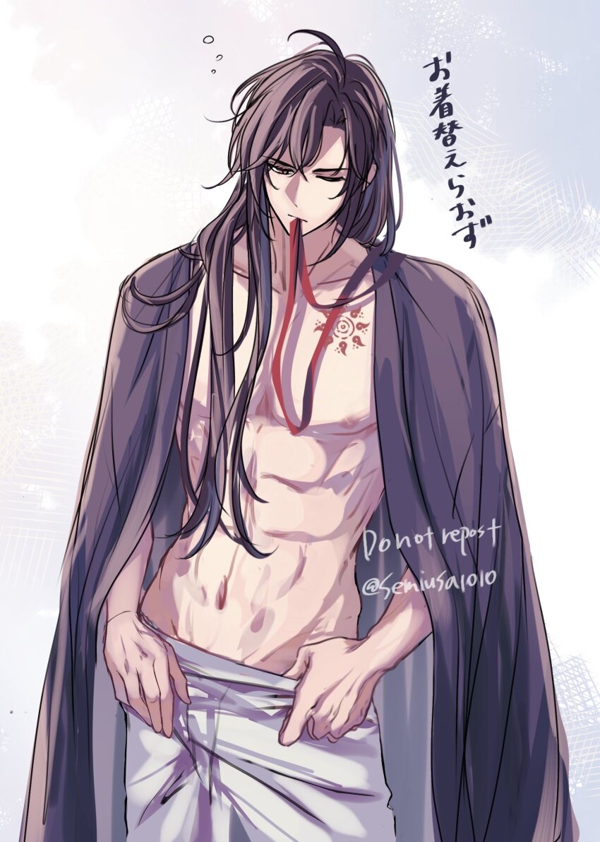 1boy, abs, absurdres, ahoge, alternate_hairstyle, bare_pectorals, bishounen, black_coat