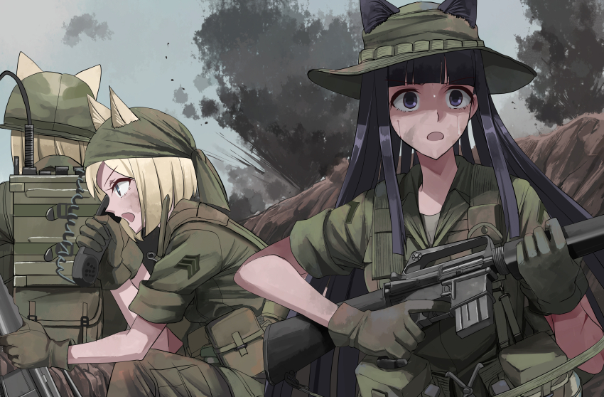 3girls, absurdres, ammunition_pouch, animal_ears, assault_rifle, black_eyes, black_hair, blonde_hair, blue_eyes, boonie_hat, cat_ears, combat_helmet, commentary, dirty, dirty_clothes, dirty_face, english_commentary, field_radio, finger_on_trigger, green_hat, green_jacket, green_pants, gun, hat, helmet, highres, jacket, long_hair, m16, m16a1, military, military_combat_uniform, military_rank_insignia, military_uniform, multiple_girls, nguyen_tam_lee, open_mouth, original, pants, pouch, radio_handset, revision, rifle, short_hair, sleeves_rolled_up, sweat, under_fire, vietnam_war, weapon