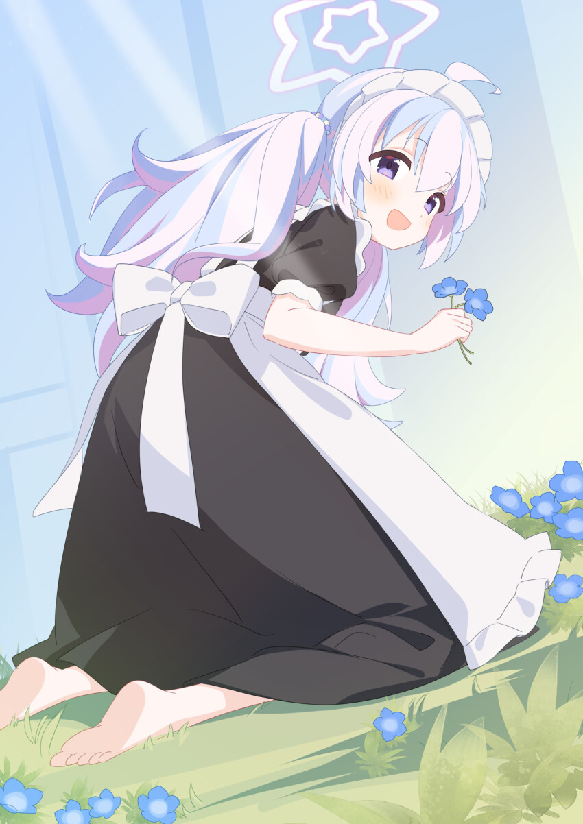 1girl, :d, ahoge, alternate_costume, apron, barefoot, beads, black_dress