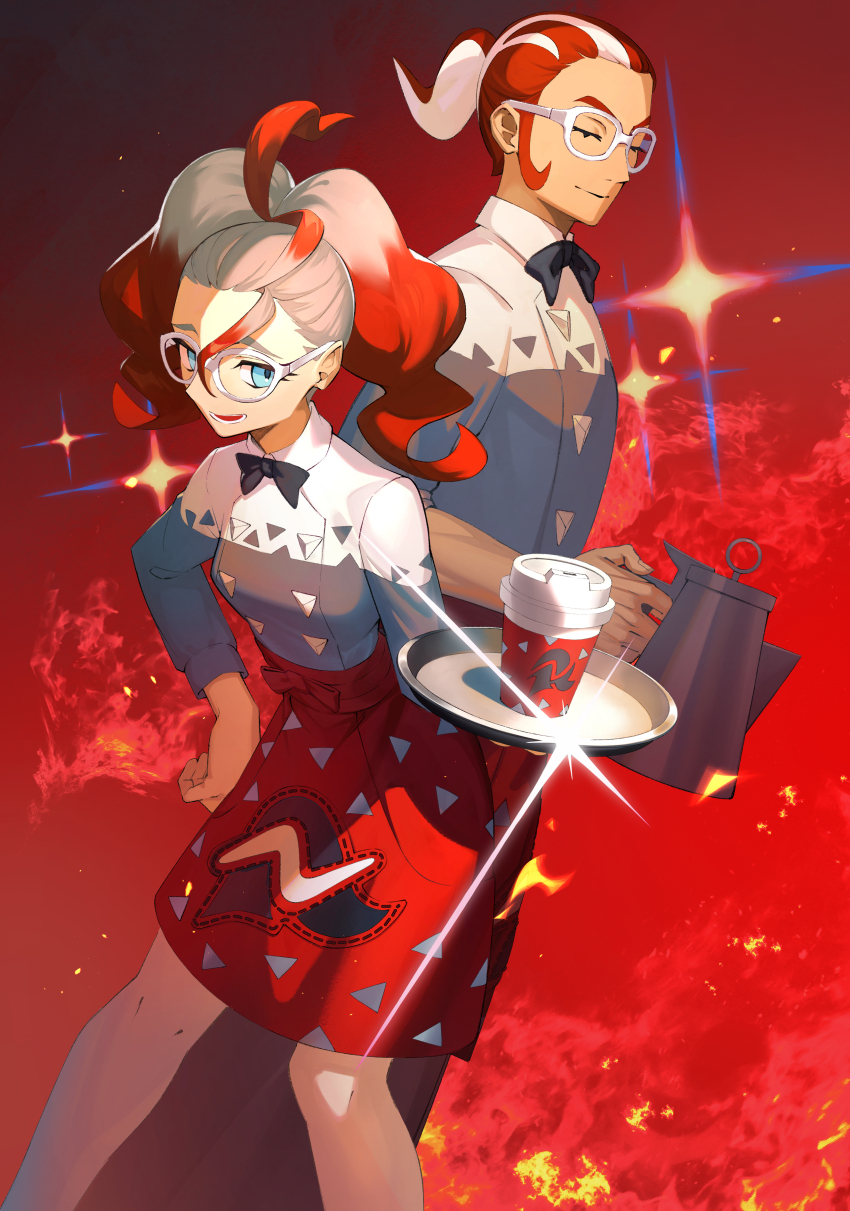 1boy, 1girl, :d, absurdres, apron, black_bow, black_bowtie, blue_eyes