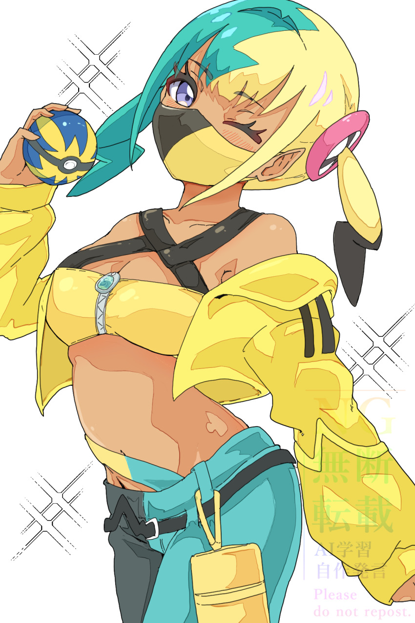 1girl, blue_eyes, breasts, canari_(pokemon), cleavage, collarbone, commentary_request, eyelashes