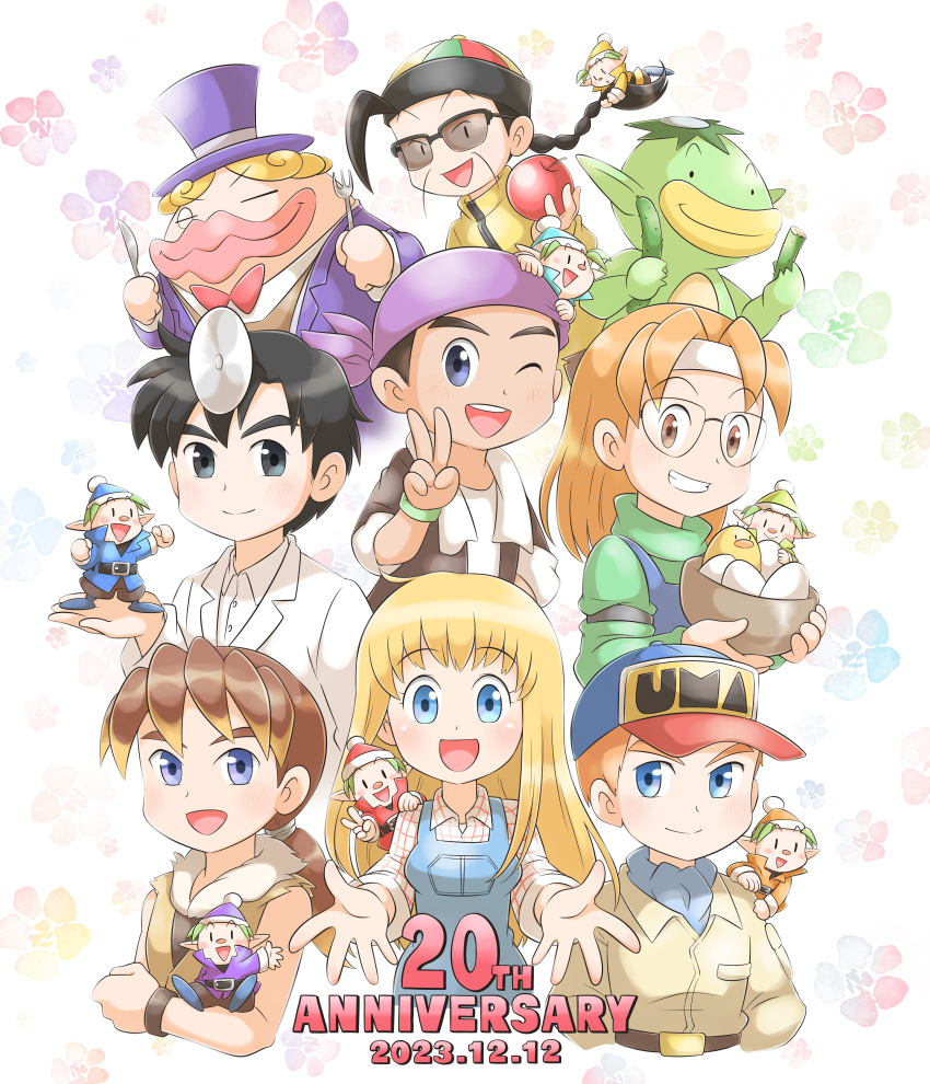 1girl, 6+boys, absurdres, anniversary, aogaeru_(pixiv46613656), baseball_cap, black_eyes, black_hair