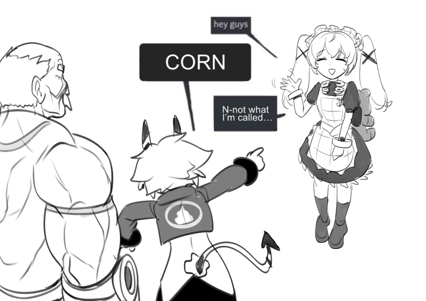 1boy, 2girls, :d, absurdres, animal_bag, apron, balding, bear_bag