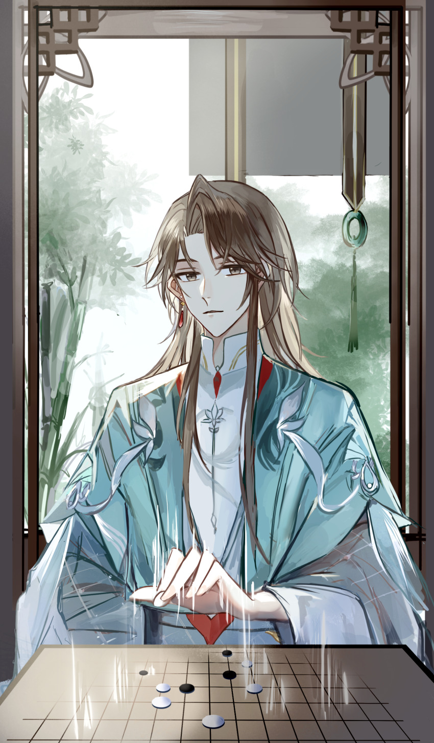 1boy, absurdres, aqua_coat, arm_behind_back, bamboo, bamboo_screen, between_fingers, board_game